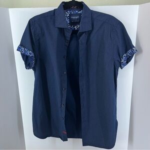 Denim & Flower Ricky Singh Navy Button Down T-Shirt Men's S w/ White Dots